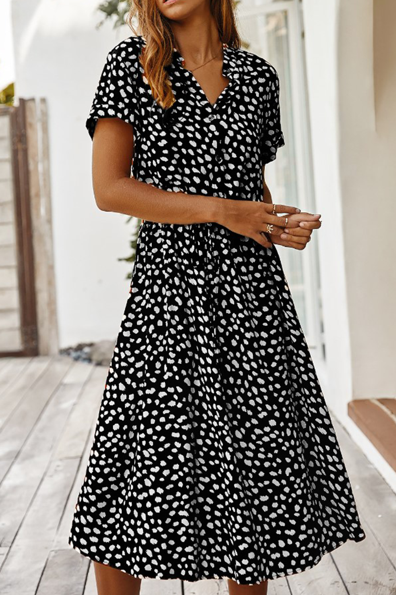 Print Split Joint Turndown Collar Waist Skirt Dresses(8 Colors)