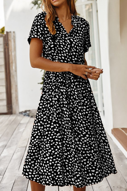 Print Split Joint Turndown Collar Waist Skirt Dresses(8 Colors)