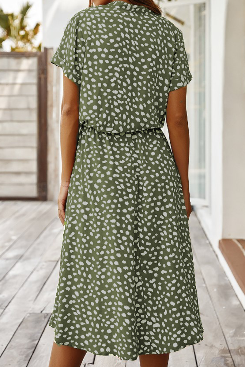 Print Split Joint Turndown Collar Waist Skirt Dresses(8 Colors)