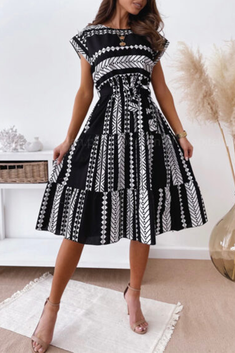 Print Split Joint O Neck Waist Skirt Dresses