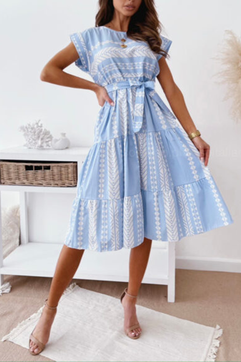 Print O Neck Waist Skirt Dresses(3 Colors)