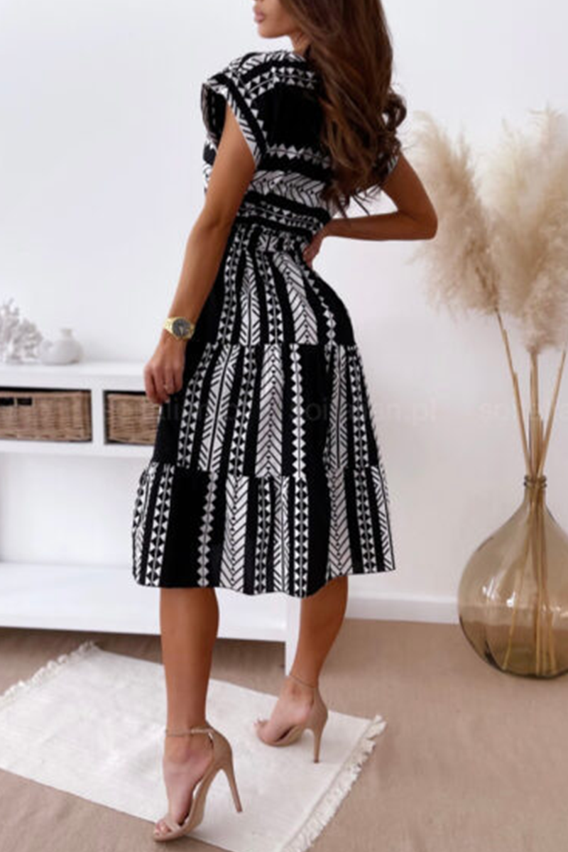 Print Split Joint O Neck Waist Skirt Dresses