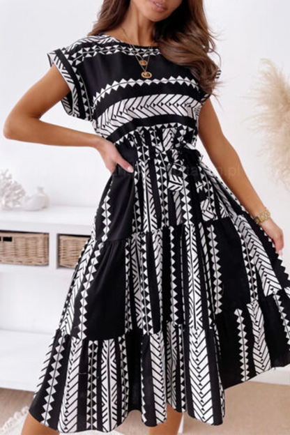 Print O Neck Waist Skirt Dresses(3 Colors)