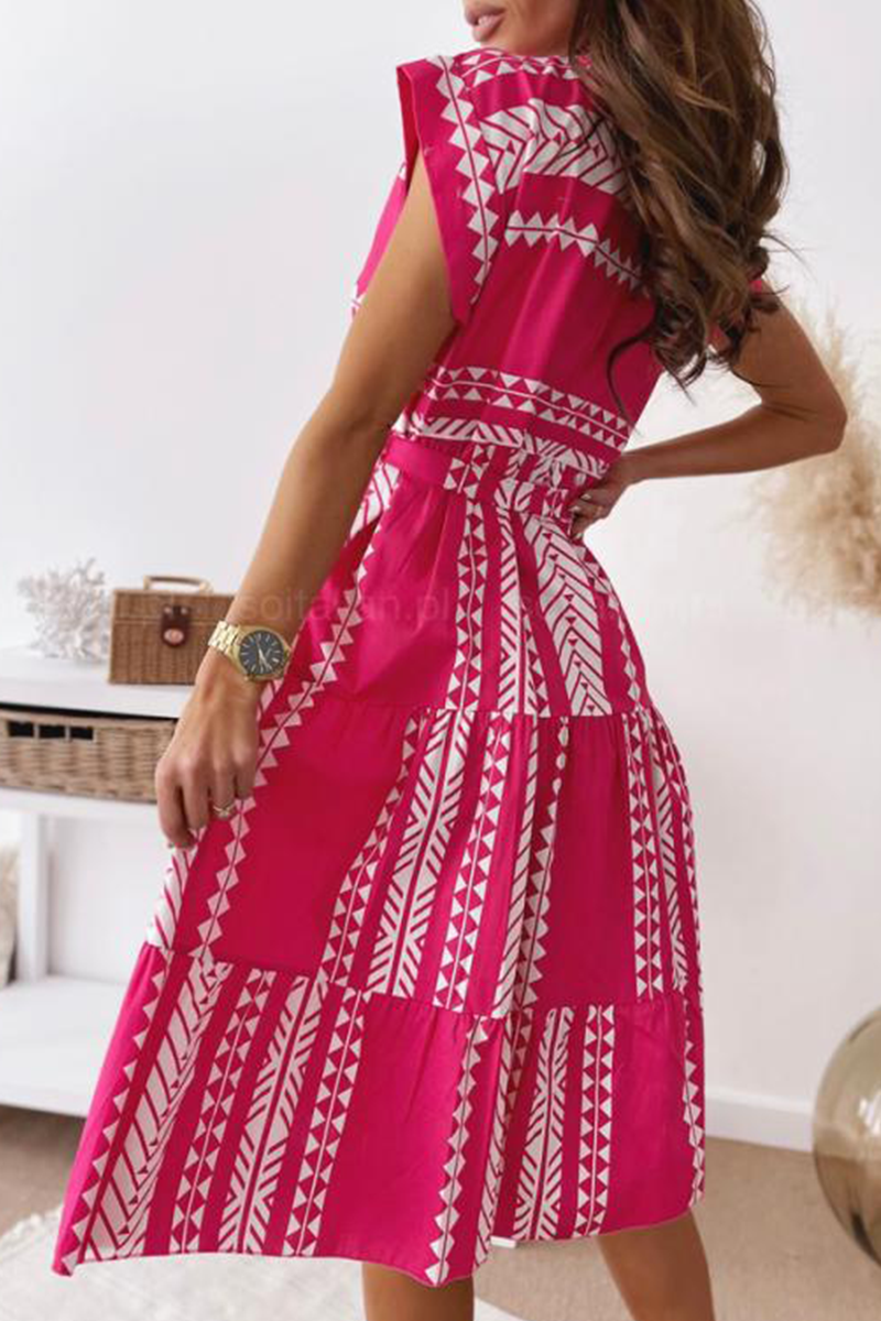 Print Split Joint O Neck Waist Skirt Dresses