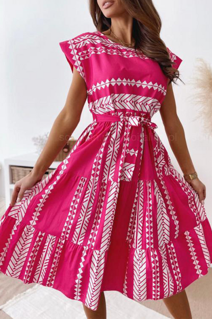 Print O Neck Waist Skirt Dresses(3 Colors)