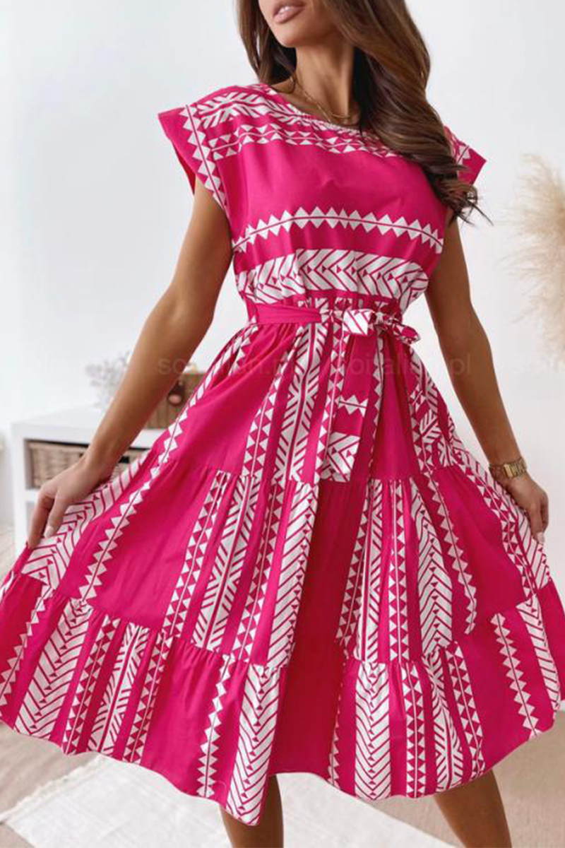 Print Split Joint O Neck Waist Skirt Dresses