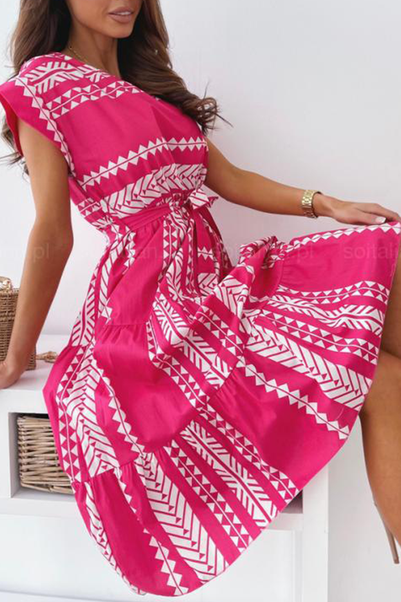Print O Neck Waist Skirt Dresses(3 Colors)
