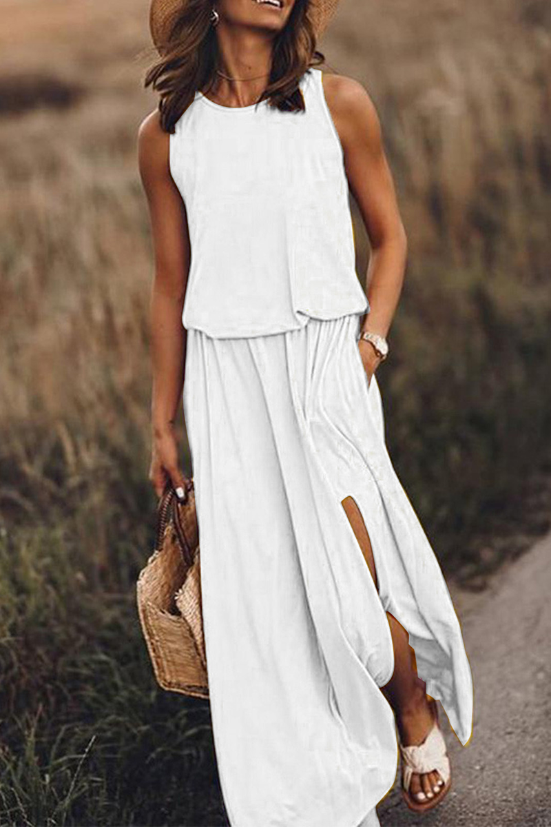 Slit O Neck Waist Skirt Dresses(8 Colors)