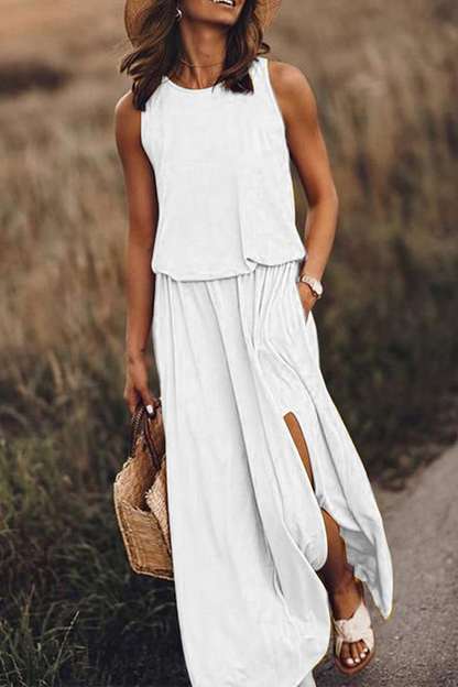 Slit O Neck Waist Skirt Dresses(8 Colors)
