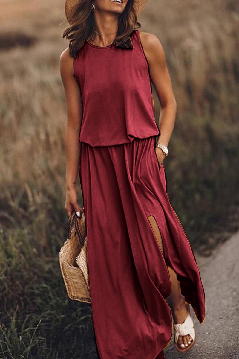Slit O Neck Waist Skirt Dresses(8 Colors)