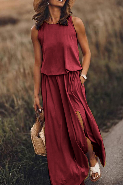 Slit O Neck Waist Skirt Dresses(8 Colors)