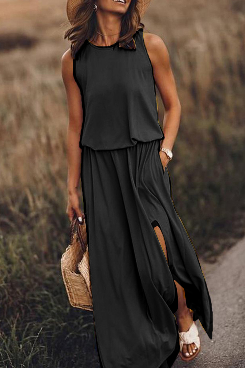 Slit O Neck Waist Skirt Dresses(8 Colors)