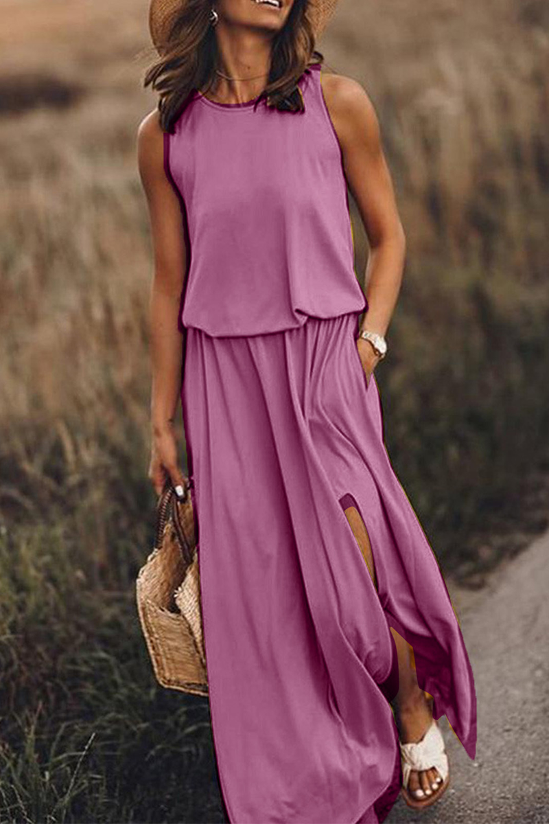 Slit O Neck Waist Skirt Dresses(8 Colors)