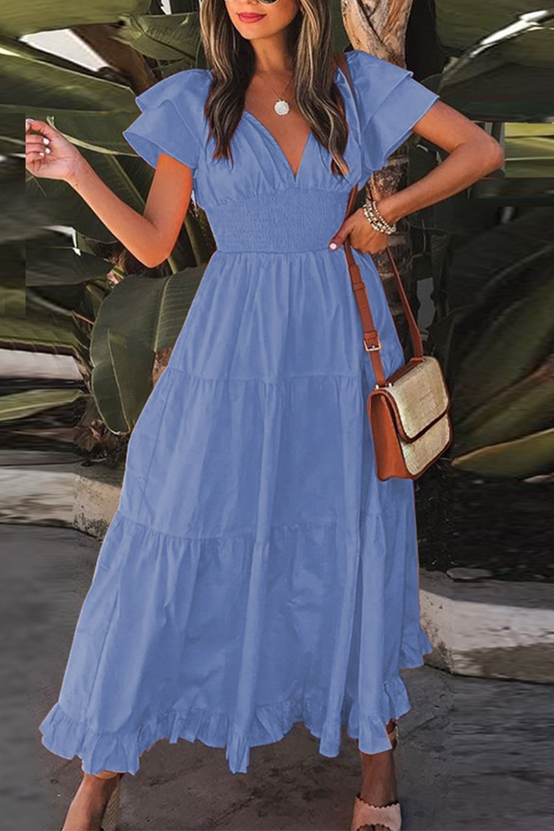 Flounce V Neck Waist Skirt Dresses(3 Colors)