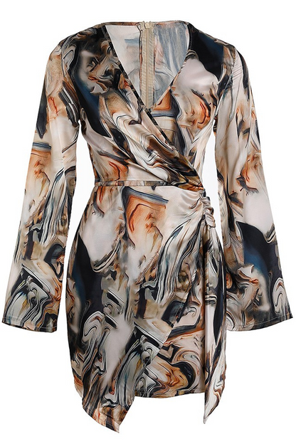 Patchwork Tie-dye V Neck Pencil Skirt Dresses(3 Colors)