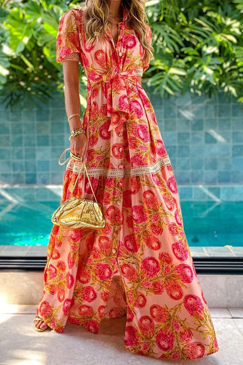 Print V Neck Cake Skirt Dresses