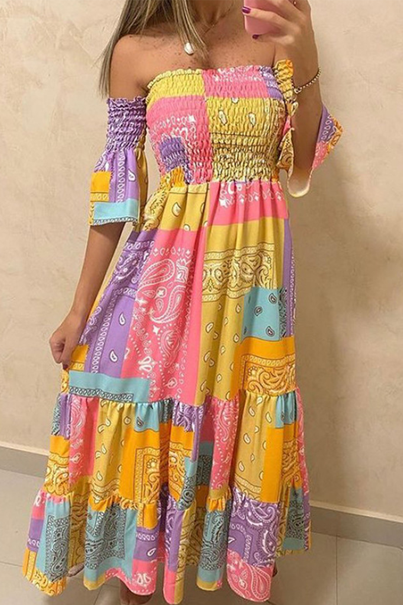 Print Split Joint Off the Shoulder Waist Skirt Dresses