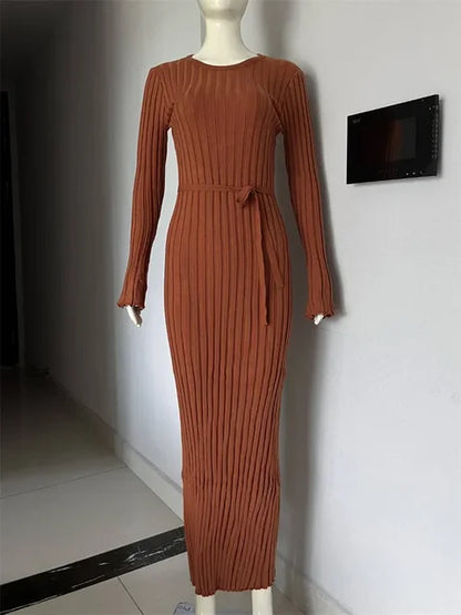 Lace-up Female Knit Maxi Dress – Autumn High Waist Patchwork Long Sleeve Bandage Knitwear Dress