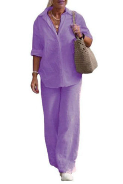 Color Long-sleeved Shirt and Elastic Waisted Loose Wide-leg Pants Set