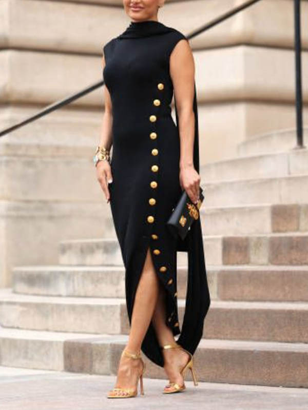Loose Sleeveless Color Split-side Shawl Collar Maxi Dresses