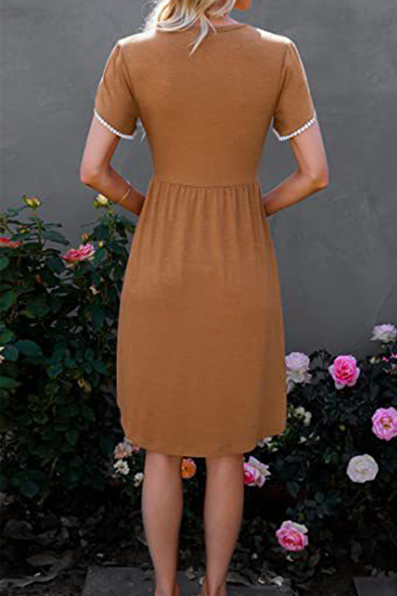 Split Joint O Neck Waist Skirt Dresses(5 Colors)