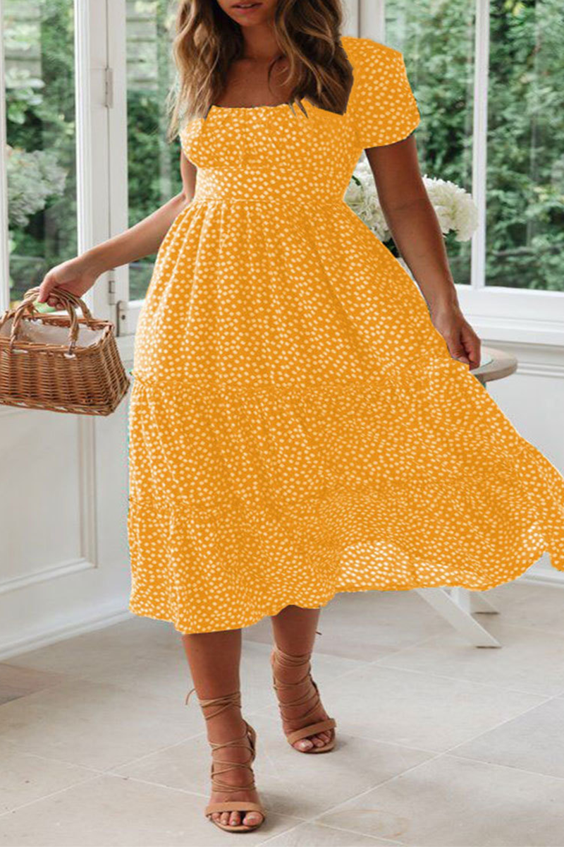Dot Patchwork Square Collar Cake Skirt Dresses(8 Colors)
