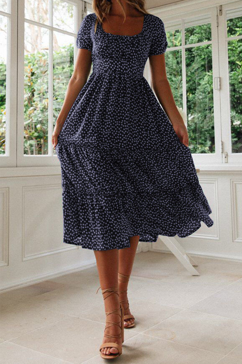 Dot Patchwork Square Collar Cake Skirt Dresses(8 Colors)