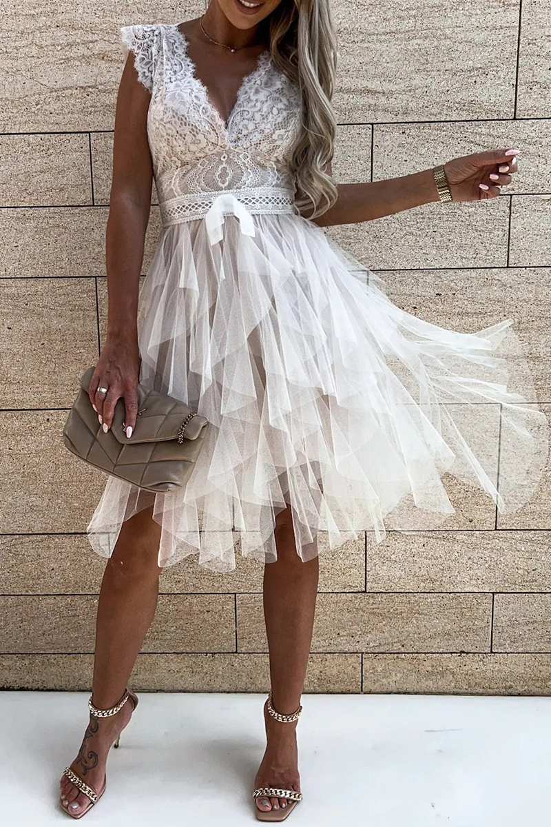 Mesh V Neck Cake Skirt Dresses(3 Colors)