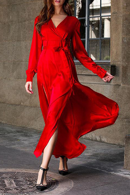 Slit V Neck Waist Skirt Dresses(3 Colors)