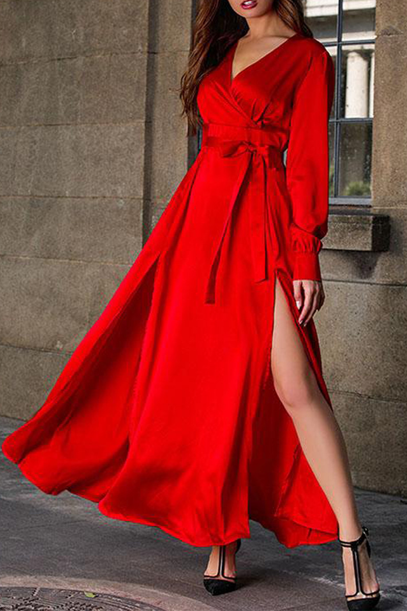 Slit V Neck Waist Skirt Dresses(3 Colors)