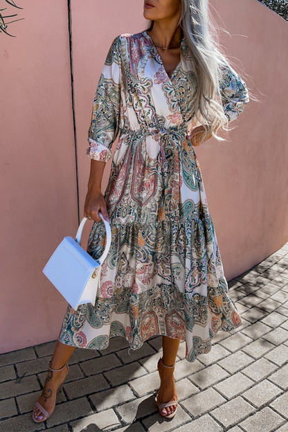 Print V Neck Cake Skirt Dresses(3 Colors)