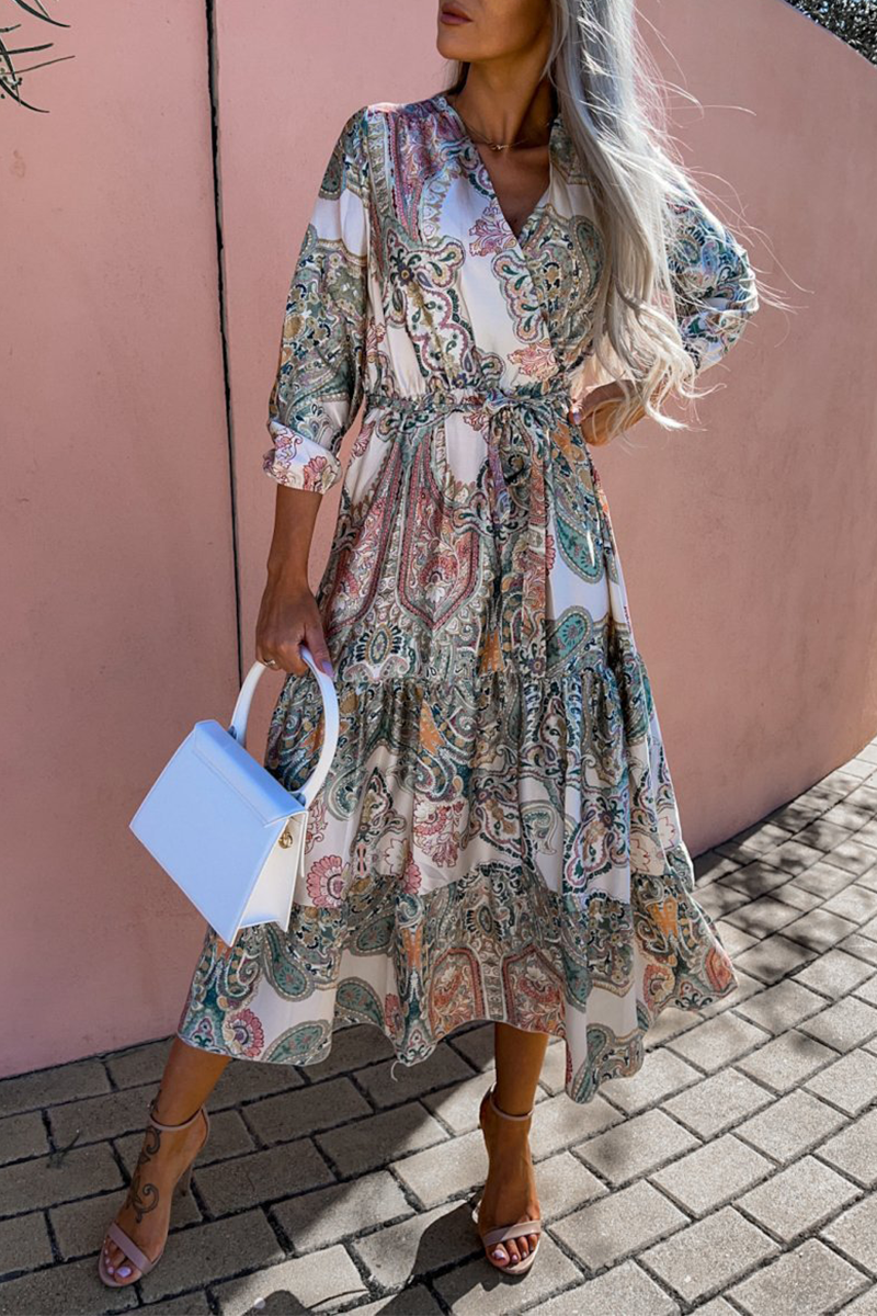 Print Neck Cake Skirt Dresses(3 Colors)