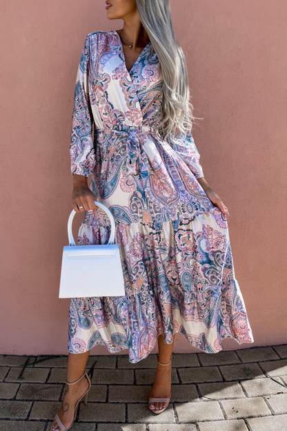 Print V Neck Cake Skirt Dresses(3 Colors)