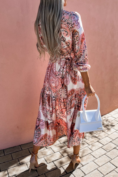 Print V Neck Cake Skirt Dresses(3 Colors)