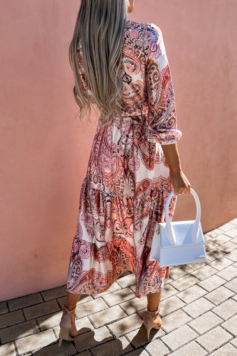 Print V Neck Cake Skirt Dresses(3 Colors)
