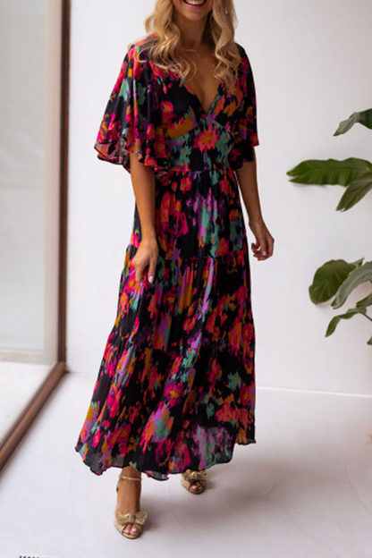 Print Flounce V Neck Cake Skirt Dresses