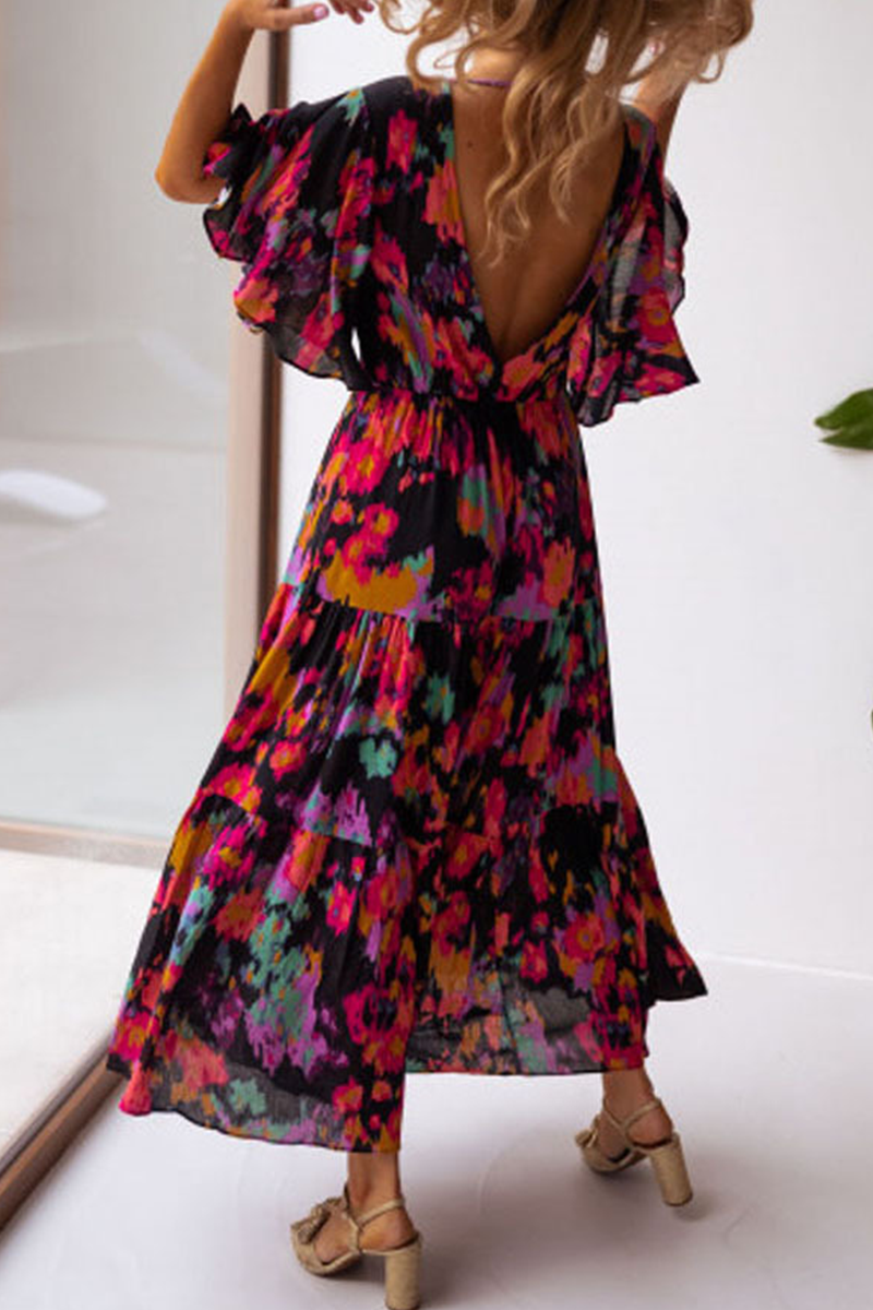 Print Flounce V Neck Cake Skirt Dresses