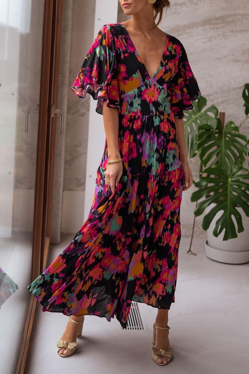 Print Flounce V Neck Cake Skirt Dresses