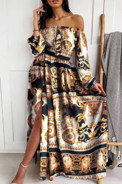 Print Off the Shoulder Waist Skirt Dresses(4 Colors)