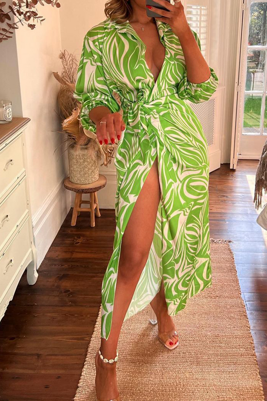 Print Split Joint V Neck Waist Skirt Dresses(3 Colors)
