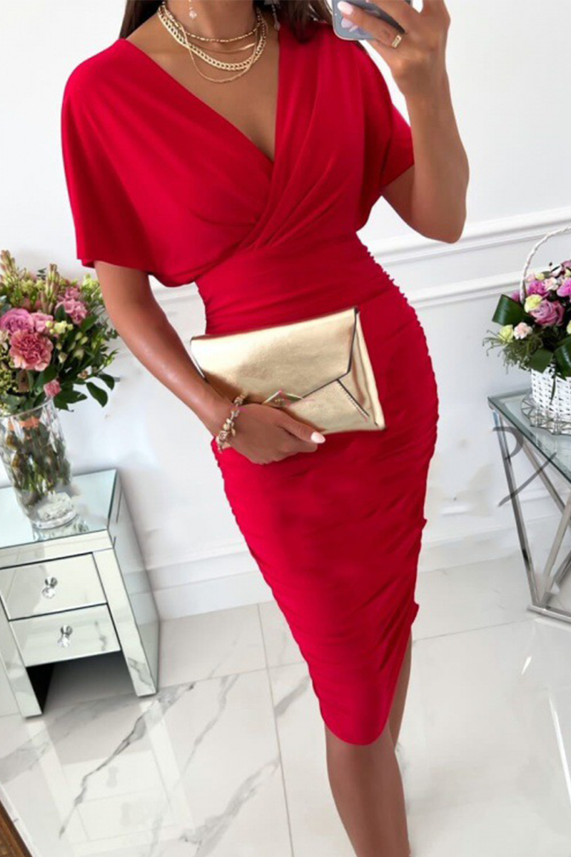 Split Joint V Neck Waist Skirt Dresses(5 Colors)