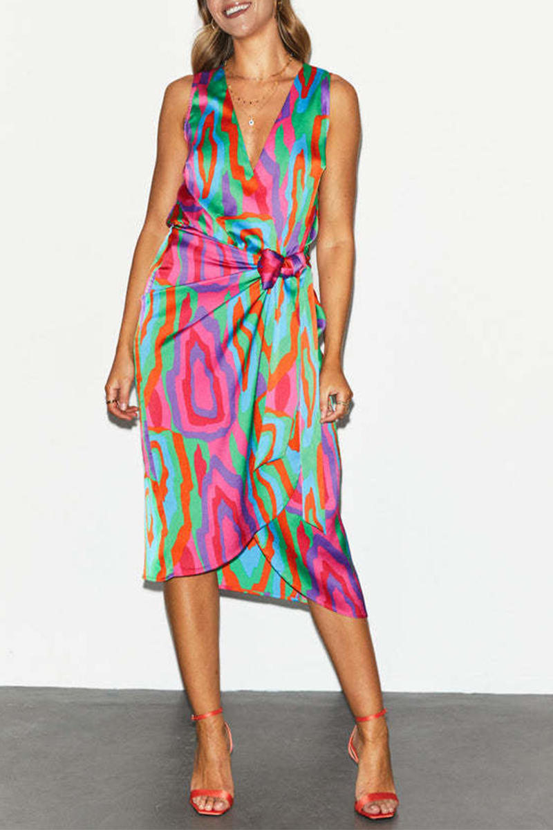 Print Patchwork V Neck Waist Skirt Dresses