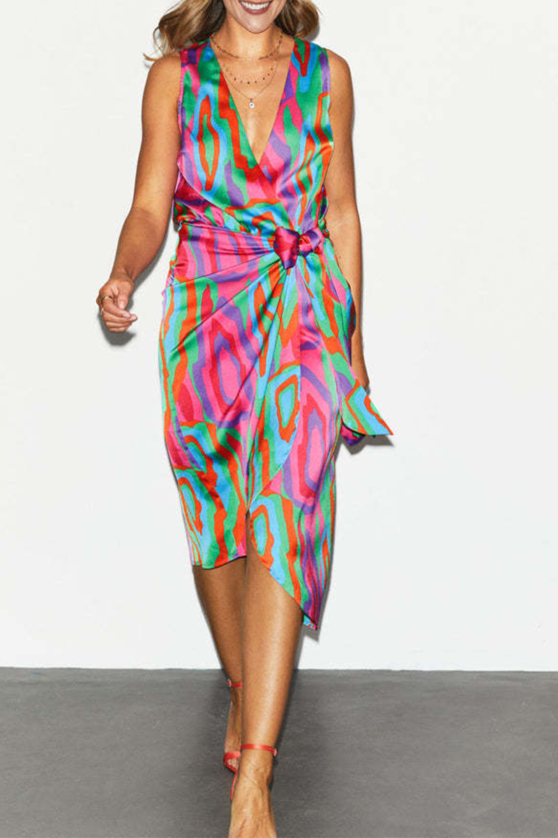 Print Split Joint V Neck Waist Skirt Dresses