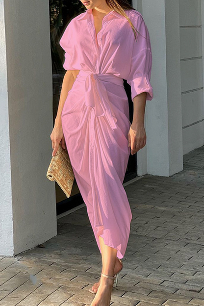 Patchwork Turndown Collar Waist Skirt Dresses
