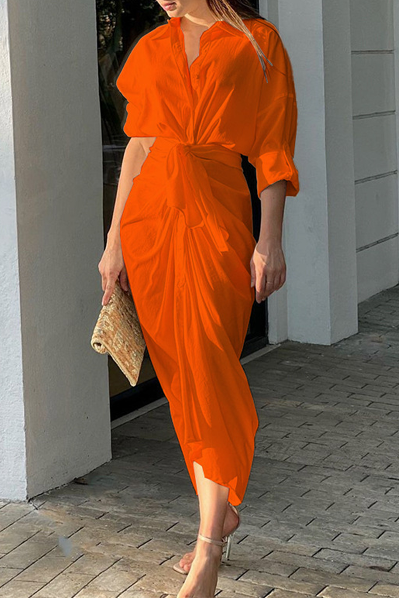 Patchwork Turndown Collar Waist Skirt Dresses