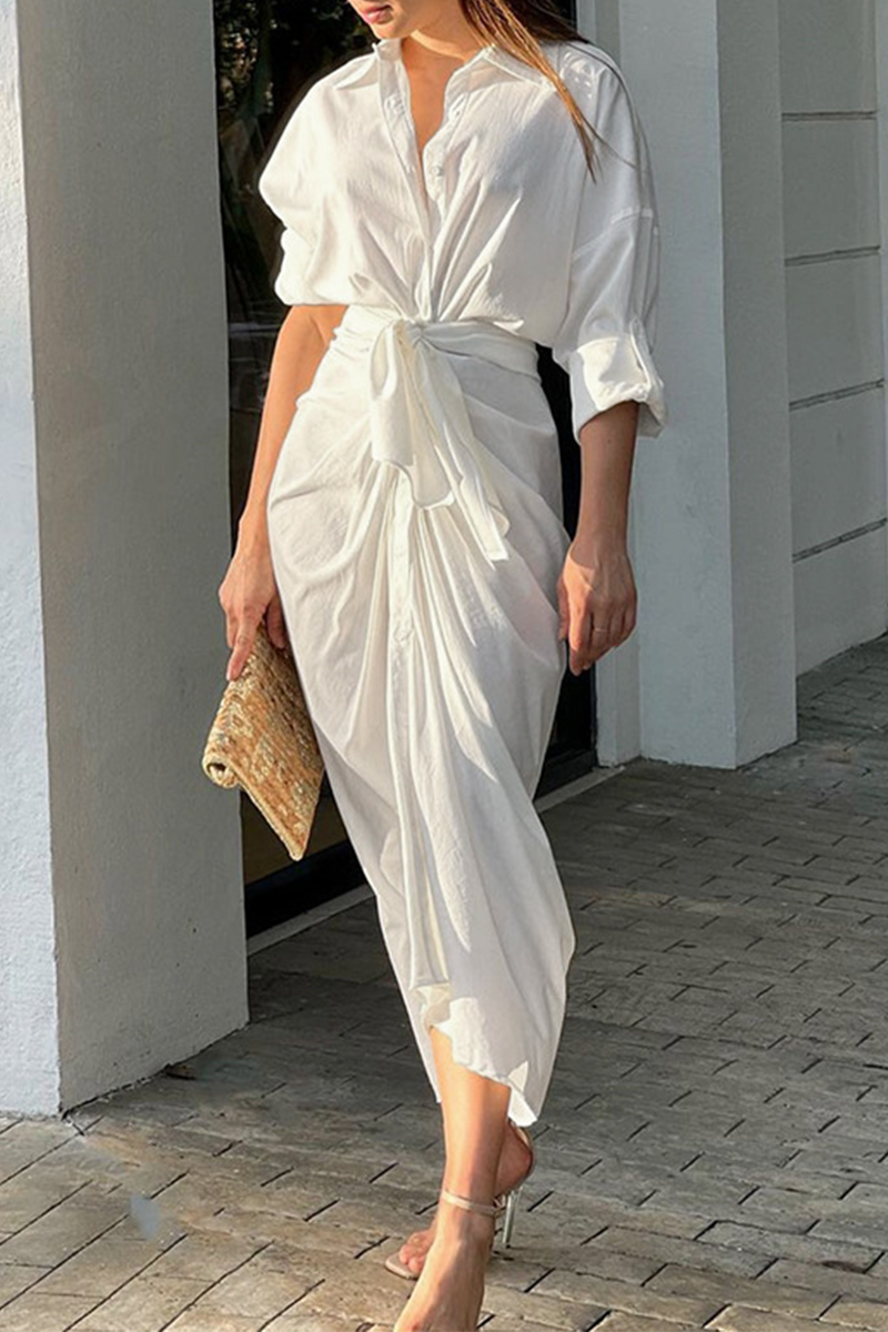 Patchwork Turndown Collar Waist Skirt Dresses