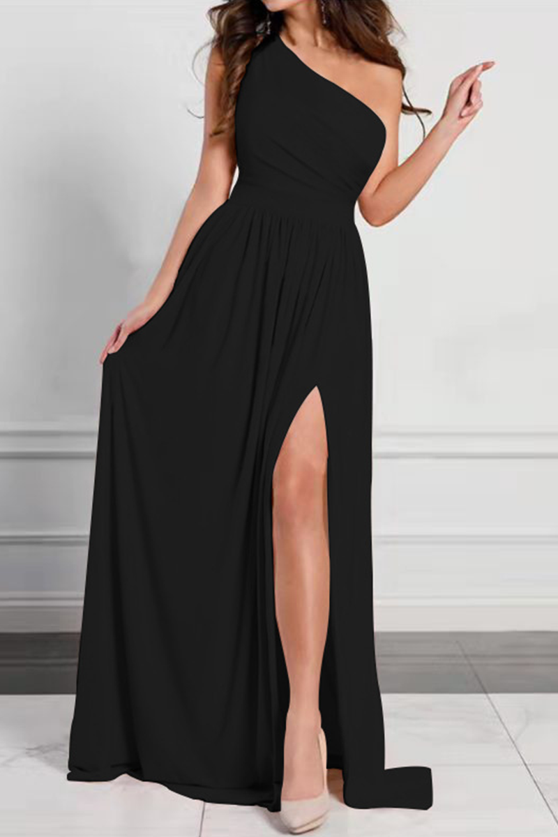 Slit One Shoulder Waist Skirt Dresses(5 Colors)