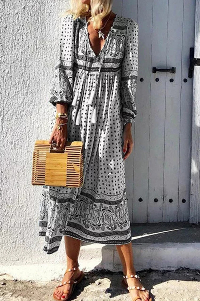 Print V Neck Cake Skirt Dresses(4 Colors)