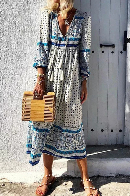 Print V Neck Cake Skirt Dresses(4 Colors)