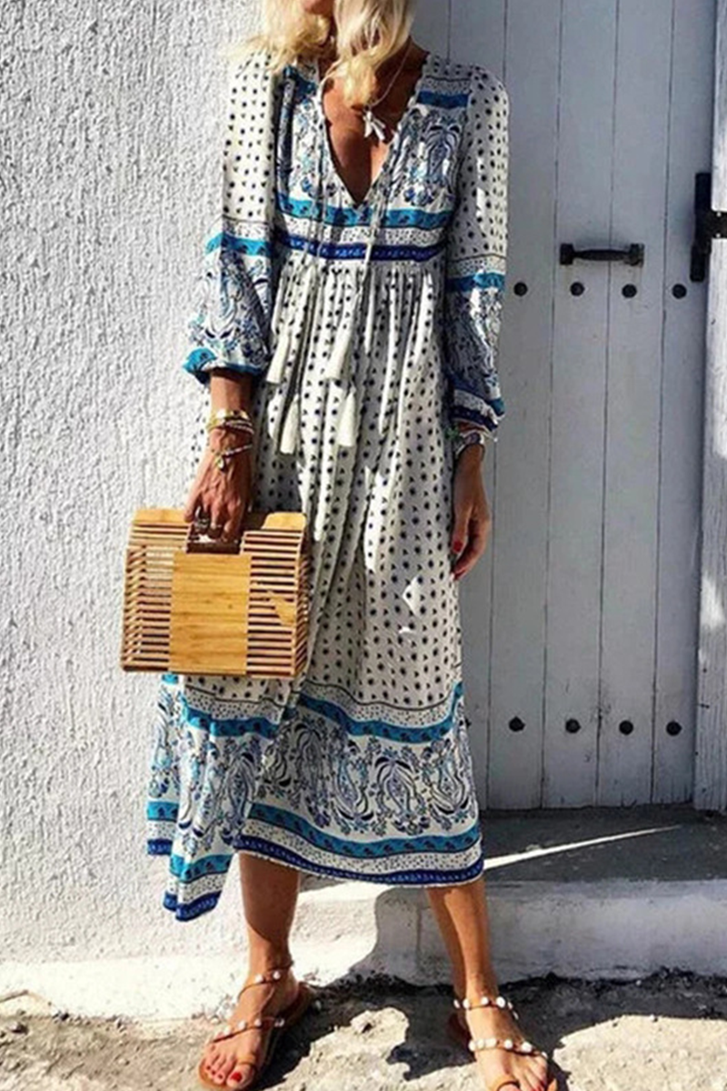 Print V Neck Cake Skirt Dresses(4 Colors)